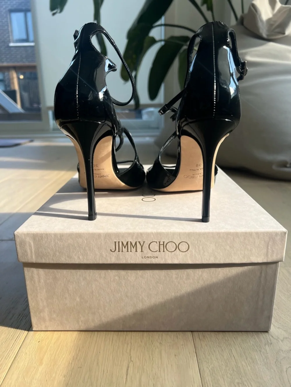 Jimmy Choo Black Patent Leather Strappy Stiletto Sandals - Picture 2 of 4